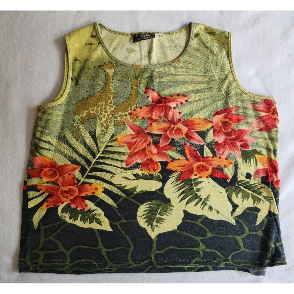Vintage Jane Ashley Petite Tropical Floral Beaded Tank Top Women's Petite Y2K